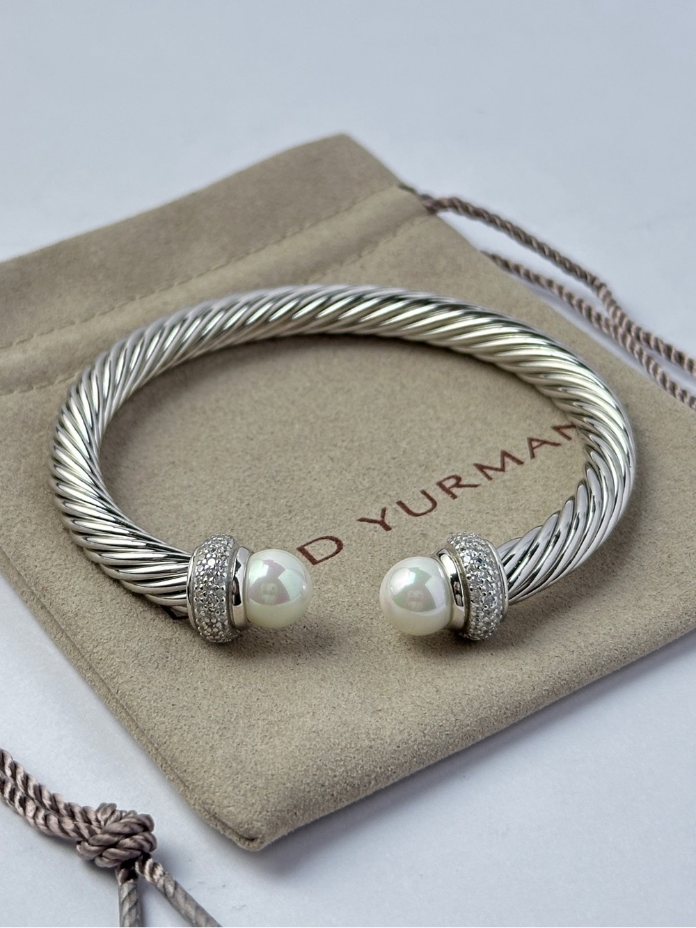 David Yurman Cable Station Bracelet with Diamonds and Pearls size Large